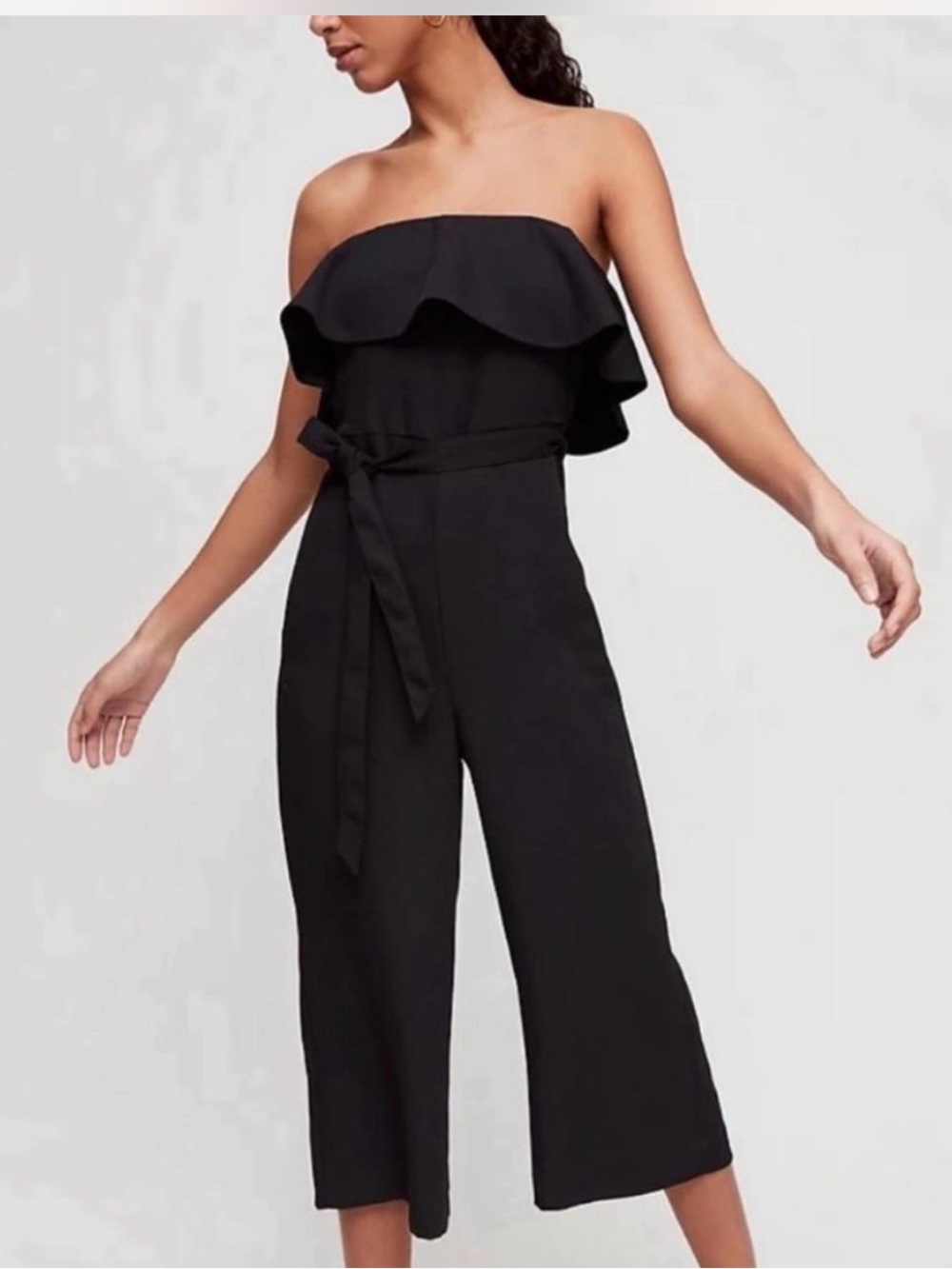 Babaton Black Strapless Ruffle Belted Jumpsuit